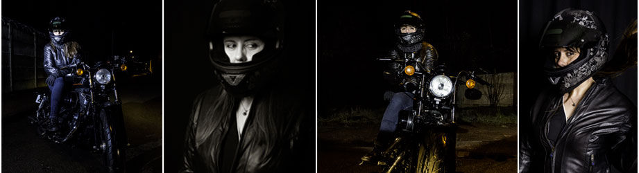 photos de motarde, femme avec son casque et sa moto